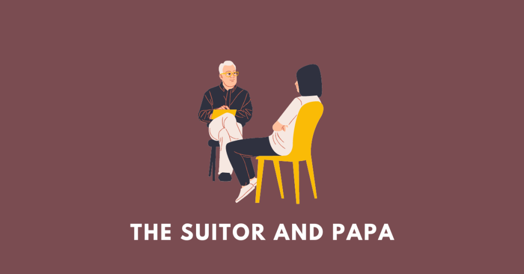 The suitor and papa. Two man talking.
